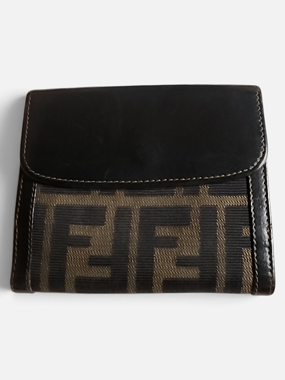 Fendi Black Leather & Brown Zucca Canvas Bifold Wallet